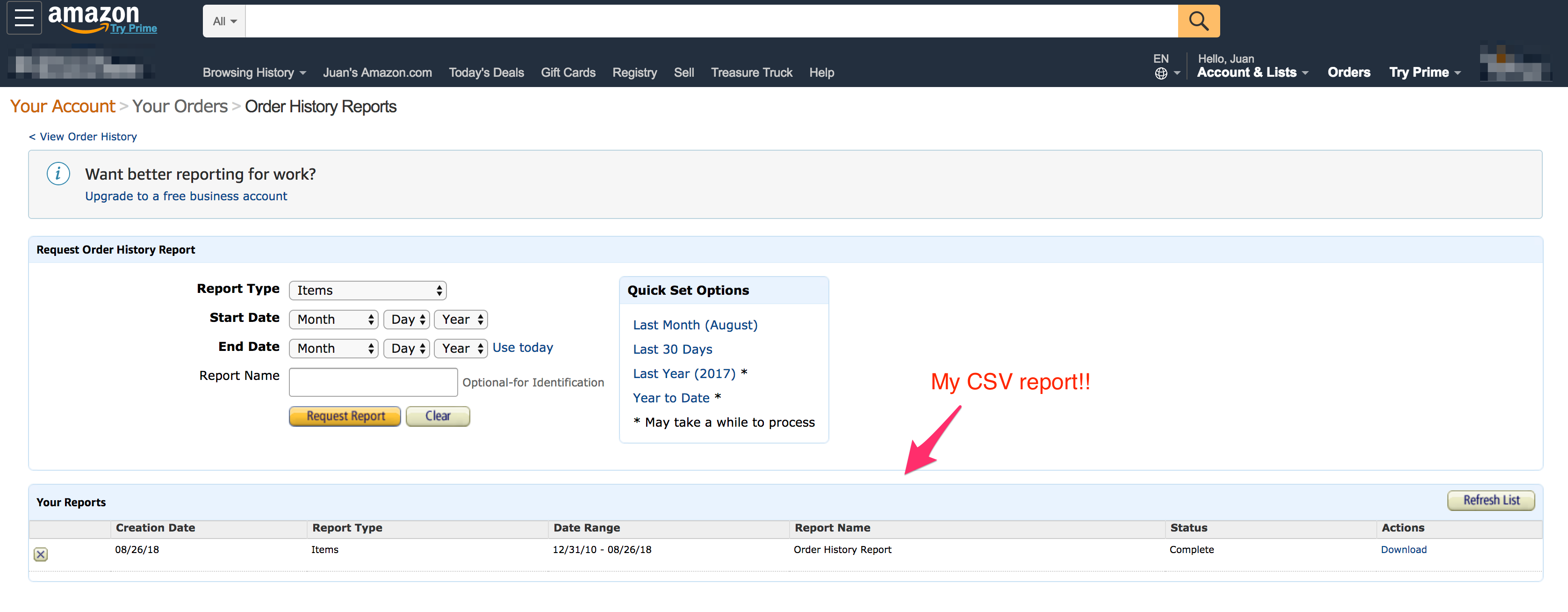 Amazon US CSV report